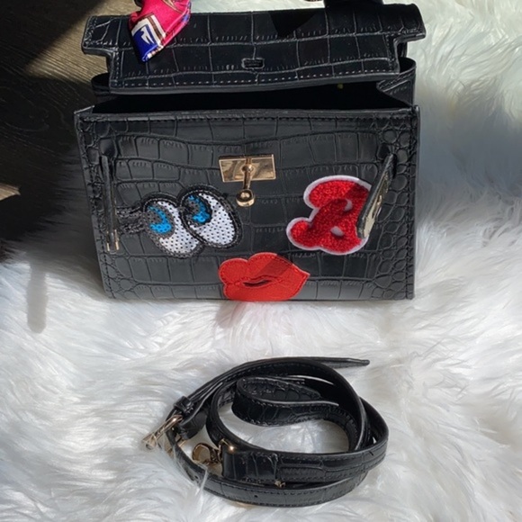 House of Hello HK Black Croc Big Eyes Kelly Style Tote Crossbody Bag Purse - Picture 7 of 16